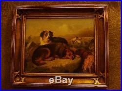 Vintage Original Oil Painting Of Dogs With Sheep In Gilded Frame, Signed Robert