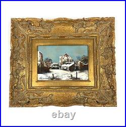 VINTAGE ORIGINAL OIL Painting Winter Scene GOLD ORNATE WOOD GESSO FRAME SIGNED