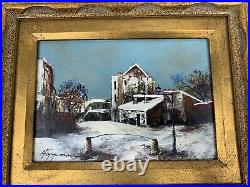 VINTAGE ORIGINAL OIL Painting Winter Scene GOLD ORNATE WOOD GESSO FRAME SIGNED