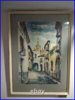 VINTAGE ORIGINAL WATERCOLOR Painting! SPANISH VILLAGE. SIGNED by Artist