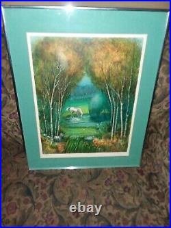VINTAGE PAINTING WHITE HORSE DRINKING Louis Tone FRAMED signed numbered original