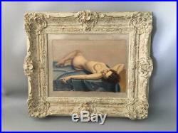VINTAGE SIGNED FREDERICK THOMPSON NUDE WOMEN LADY OIL PAINTING w WOOD CHIC FRAME
