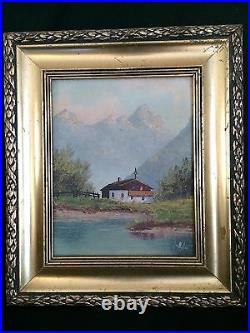 VINTAGE SIGNED OIL PAINTING on CANVAS LANDSCAPE MOUNTAIN LAKE 12 x 10.25