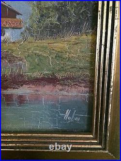 VINTAGE SIGNED OIL PAINTING on CANVAS LANDSCAPE MOUNTAIN LAKE 12 x 10.25