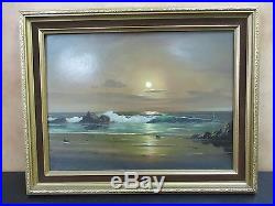 Vintage Signed Peter Cosslett Original Oil On Canvas Moonlight Seascape Painting