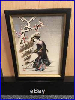 VINTAGE Signed JAPANESE ORIGINAL Woodblock PAINTING GEISHA WITH UMBRELLA