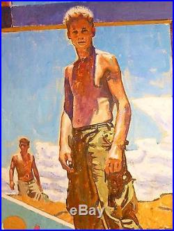 VINTAGE VIETNAM ERA BOOT CAMP MALE SOLDIERS OIL PAINTING Mid Century Signed