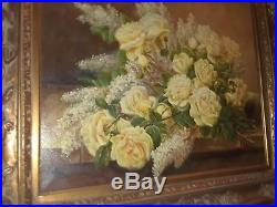 VINTAGE (Victorian)antique yellow roses and lilacs signed painting in frame