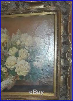 VINTAGE (Victorian)antique yellow roses and lilacs signed painting in frame