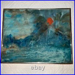 VINTAGE abstract original hand painted PAINTING teal sunset mountain by Rose 73