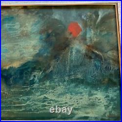 VINTAGE abstract original hand painted PAINTING teal sunset mountain by Rose 73
