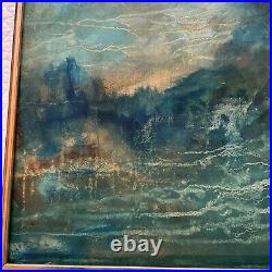 VINTAGE abstract original hand painted PAINTING teal sunset mountain by Rose 73