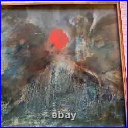 VINTAGE abstract original hand painted PAINTING teal sunset mountain by Rose 73