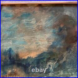 VINTAGE abstract original hand painted PAINTING teal sunset mountain by Rose 73