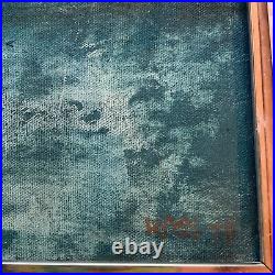 VINTAGE abstract original hand painted PAINTING teal sunset mountain by Rose 73