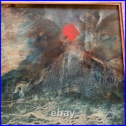 VINTAGE abstract original hand painted PAINTING teal sunset mountain by Rose 73