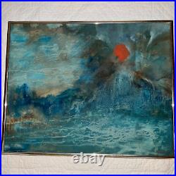 VINTAGE abstract original hand painted PAINTING teal sunset mountain by Rose 73