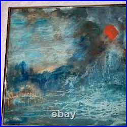 VINTAGE abstract original hand painted PAINTING teal sunset mountain by Rose 73