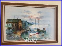 VNTG Mid Century Original Oil Of Coastal Fishing Village Signed By A Simpson