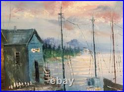 VNTG Mid Century Original Oil Of Coastal Fishing Village Signed By A Simpson