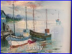VNTG Mid Century Original Oil Of Coastal Fishing Village Signed By A Simpson