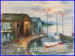 VNTG Mid Century Original Oil Of Coastal Fishing Village Signed By A Simpson