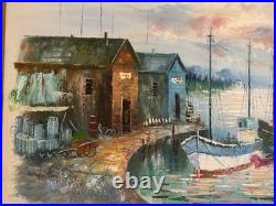 VNTG Mid Century Original Oil Of Coastal Fishing Village Signed By A Simpson