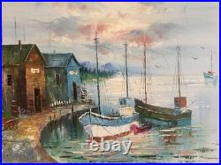 VNTG Mid Century Original Oil Of Coastal Fishing Village Signed By A Simpson