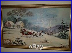 VNTG Oil Painting Victorian Winter Snow Landscape Horse Carriage Signed Canvas