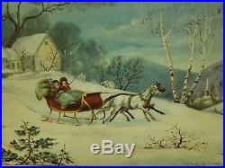 VNTG Oil Painting Victorian Winter Snow Landscape Horse Carriage Signed Canvas