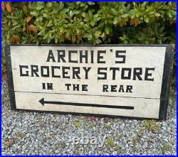 VTG 1930s Archie's Grocery Store Wooden Advertising Sign Double Sided Hand Paint