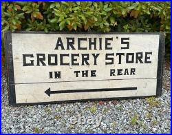 VTG 1930s Archie's Grocery Store Wooden Advertising Sign Double Sided Hand Paint