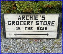 VTG 1930s Archie's Grocery Store Wooden Advertising Sign Double Sided Hand Paint