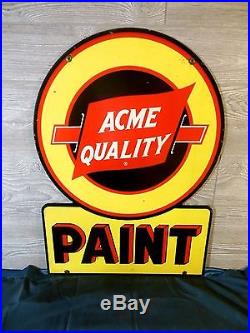 Vtg 1940 Rare Acme Quality Paint 28 Double Sided Enameled Die Cut Metal Sign