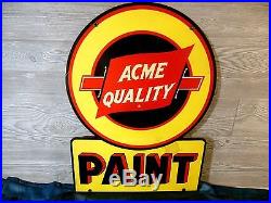 Vtg 1940 Rare Acme Quality Paint 28 Double Sided Enameled Die Cut Metal Sign