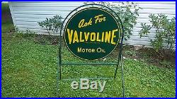 VTG 1959 VALVOLINE 2 Sided Tin Curb Sign w Stand Great Paint & Shine