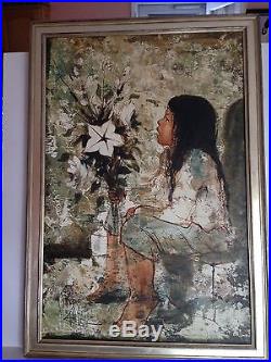 VTG 1969 ORIGINAL Chinese Oil on Canvas Painting Girl, Flowers' Signed 36