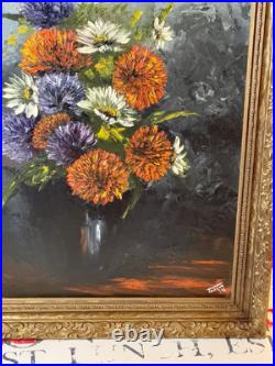 VTG 1971 Artist Signed Jacque Original Oil on Canvas Framed Floral Still Life