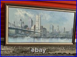 VTG 1980's Canvas Oil Painting Brooklyn Bridge Signed by Artist Adams Framed