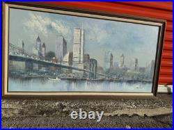 VTG 1980's Canvas Oil Painting Brooklyn Bridge Signed by Artist Adams Framed