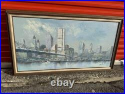VTG 1980's Canvas Oil Painting Brooklyn Bridge Signed by Artist Adams Framed