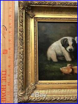 VTG 2 Puppy Dogs w Chicks Figure Signed Oil Painting Canvas OR Giclee Gold Frame
