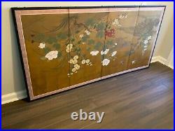 VTG 6FT Japanese Byobu Signed Hand Painted 4-Panel Silk Screen