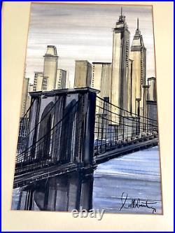 VTG 70s MID CENTURY MODERN NY CITYSCAPE ORIG PAINTING MANHATTAN SIGNED FRAMED