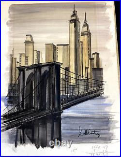 VTG 70s MID CENTURY MODERN NY CITYSCAPE ORIG PAINTING MANHATTAN SIGNED FRAMED