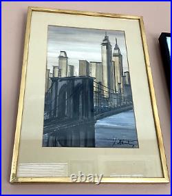 VTG 70s MID CENTURY MODERN NY CITYSCAPE ORIG PAINTING MANHATTAN SIGNED FRAMED