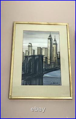 VTG 70s MID CENTURY MODERN NY CITYSCAPE ORIG PAINTING MANHATTAN SIGNED FRAMED