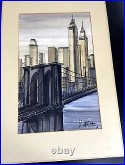 VTG 70s MID CENTURY MODERN NY CITYSCAPE ORIG PAINTING MANHATTAN SIGNED FRAMED