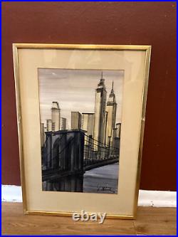 VTG 70s MID CENTURY MODERN NY CITYSCAPE ORIG PAINTING MANHATTAN SIGNED FRAMED