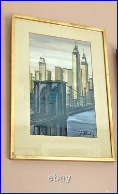 VTG 70s MID CENTURY MODERN NY CITYSCAPE ORIG PAINTING MANHATTAN SIGNED FRAMED